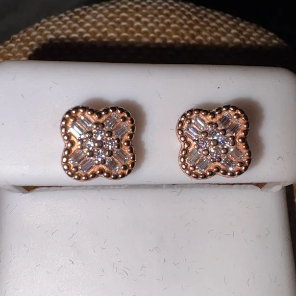 Rose Gold over Sterling Silver Moissanite Screw Back Clover Earrings - Picture 3 of 5